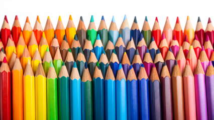 A vibrant array of colored pencils arranged in neat rows, showcasing a spectrum of hues, isolated on transparent background