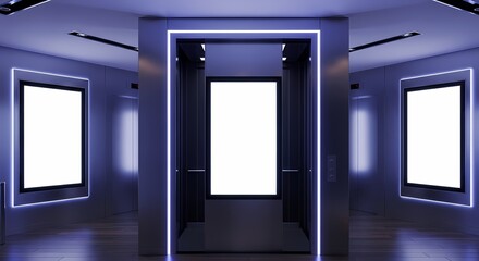 A futuristic hallway interior with three blank glowing billboards for advertising mockups, illuminated by cool blue lights.