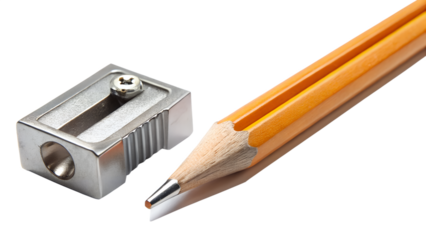 A yellow pencil and a metal pencil sharpener, ready to sharpen, isolated on transparent background