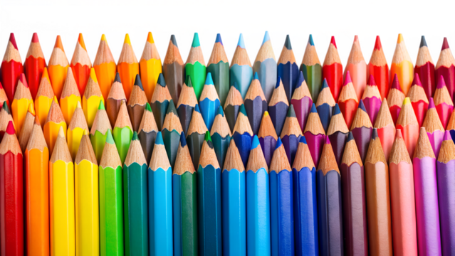A vibrant array of colored pencils arranged in neat rows, showcasing a spectrum of hues, isolated on transparent background