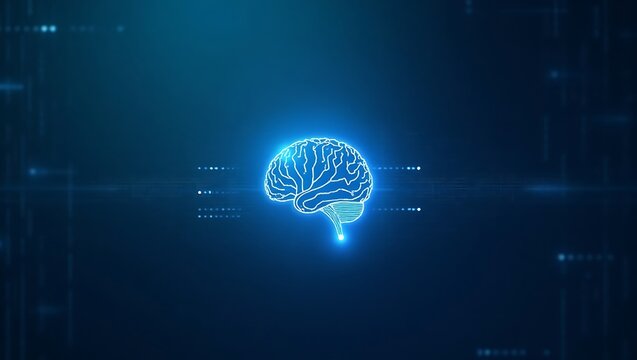 Glowing neon blue digital brain with data streams in dark space - Powered by Adobe