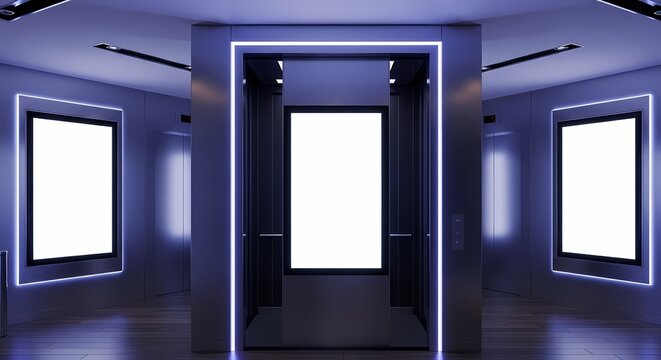 A futuristic hallway interior with three blank glowing billboards for advertising mockups, illuminated by cool blue lights.