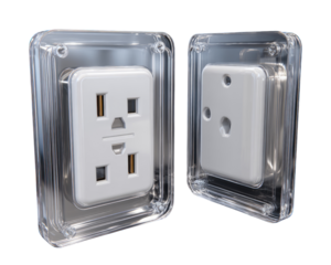 Two modern electrical outlets in clear protective housings