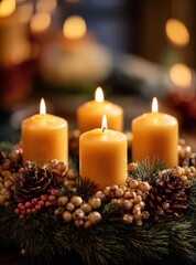 Photo of a handmade Advent wreath on a rustic wooden table. Ivory candles, cozy evening bokeh, and festive Christmas atmosphere highlight seasonal traditions