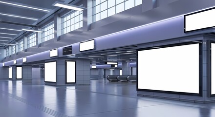 Modern airport terminal interior with blank advertising displays.