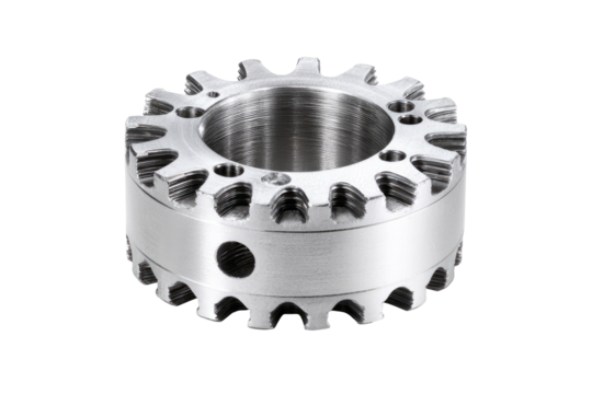 Precision-machined gear coupling, industrial setting, close-up