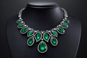 Luxurious necklace with emerald green gems sparkling on black background