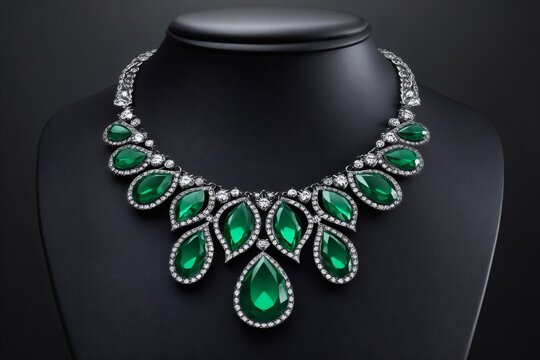 Luxurious necklace with emerald green gems sparkling on black background