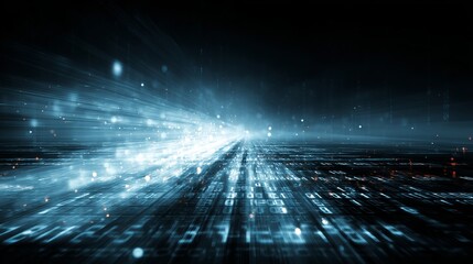Dynamic digital data stream with glowing lines and binary code, representing futuristic technology and information flow in a modern abstract network.