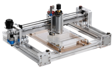 Precision machine with a  rectangular aluminum frame.  A clear,  flat plate is  positioned centrally.  Components include a  cylindrical mechanism and  tubing.  Adjustable controls