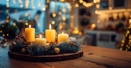 Rustic holiday photo featuring an Advent wreath with glowing candle. Wooden table, amber bokeh, and handmade decor capture the anticipation of Christmas celebration
