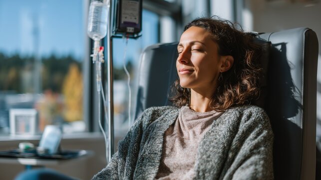 A serene woman relaxes in a comfortable chair while receiving an IV therapy treatment in a sunlit medical setting.