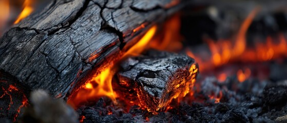 The burning log glowing with orange embers in a closeup campfire scene