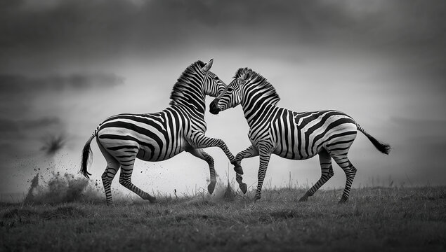 Two zebras playfully interacting in graceful motion. - Powered by Adobe