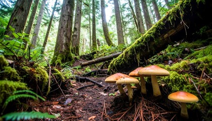 Forest floor with mushrooms. Lush green moss and fallen logs