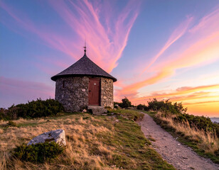 Small Round Hut on Hilltop with Pastel Sky
