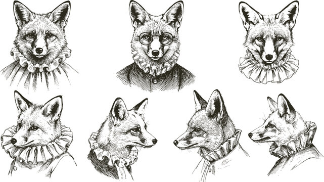Vector vintage collection of a gentleman fox heads. Set of beautiful sketches of clever cunning animal in retro black and white style.