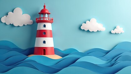 Red, white lighthouse illustration stands on sandy shore surrounded by stylized paper waves under blue sky with clouds. Nautical beacon guides ships, represents safety, hope on journeys. Craft art