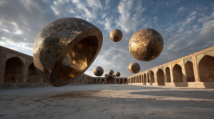 Surreal scene of floating spheres in an ancient courtyard, blending fantasy with architectural grandeur and creating a sense of mystery