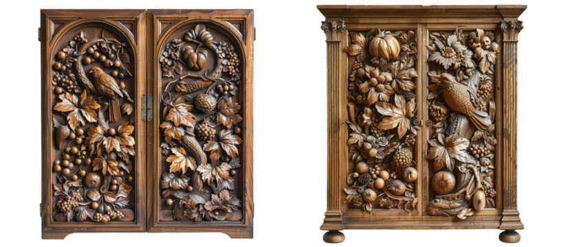 Antique carved wooden cabinet doors with intricate fruit and bird motifs, isolated on transparent background