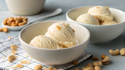 Creamy cashew ice cream scoops with roasted nuts