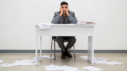 Stressed businessman overwhelmed by paperwork and deadlines, expressing frustration and anxiety with hands on his head at the office desk, depicting burnout and work pressure.