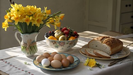 Spring still life with daffodils eggs bread and fruit