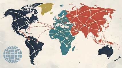 Global network connections across continents on world map