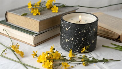 Cozy reading nook with lit candle and yellow flowers