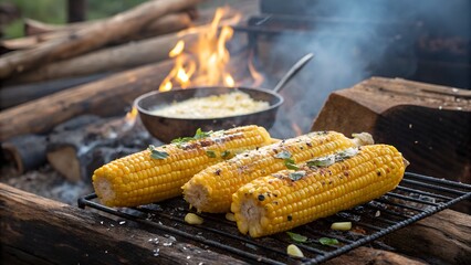 Delicious grilled corn on the cob cooked over an open campfire
