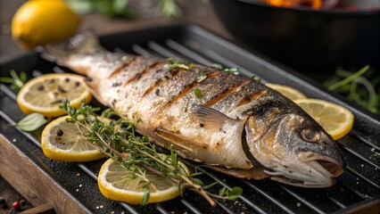 Whole grilled fish with lemon and herbs on a grilling pan