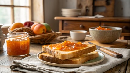 Delicious toast with apricot jam and fresh fruit breakfast spread