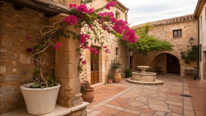 Charming mediterranean courtyard with blooming flowers and fountain