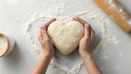 Hands shaping heart shaped dough with flour and rolling pin