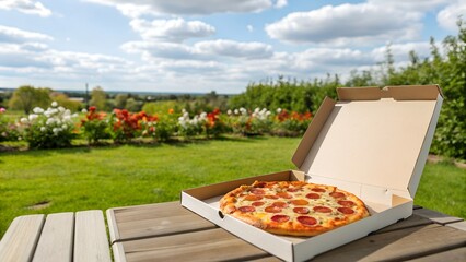 Pepperoni pizza in open box on picnic table outdoors