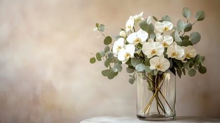 Contemporary Orchid Arrangement with Green Eucalyptus in Clear Glass