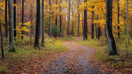 Obraz premium Autumnal forest path winding through vibrant fall foliage
