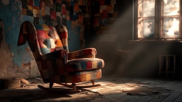 Solitude and Light: An antique patchwork armchair sits in a dimly lit room, illuminated by a beam of sunlight streaming through a rustic window, creating a tranquil atmosphere.