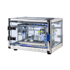 Enclosed,  transparent  lab  device.  Features  a  tray  and  controls