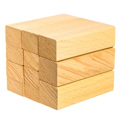 Stacked light-colored wooden blocks arranged in a cube-like form against a plain white background.