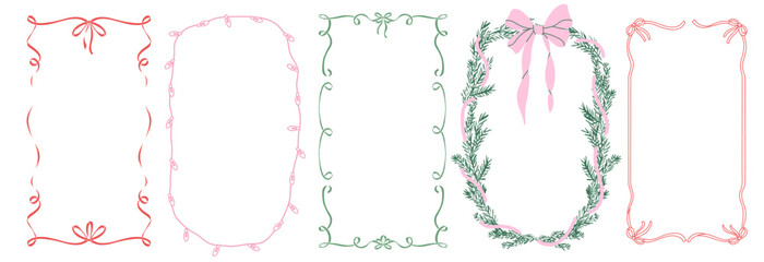 Set of doodle hand drawn ink Xmas frames with christmas tree, snowflakes, ribbon and bows, christmas lights garlands. Minimalist line art. Trendy borders for holiday poster, invitation, greeting card.