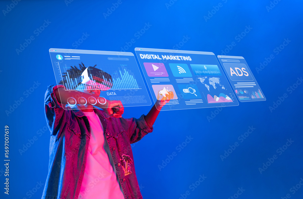 Poster a person wearing virtual reality goggles interacts with holographic displays showcasing data analyti