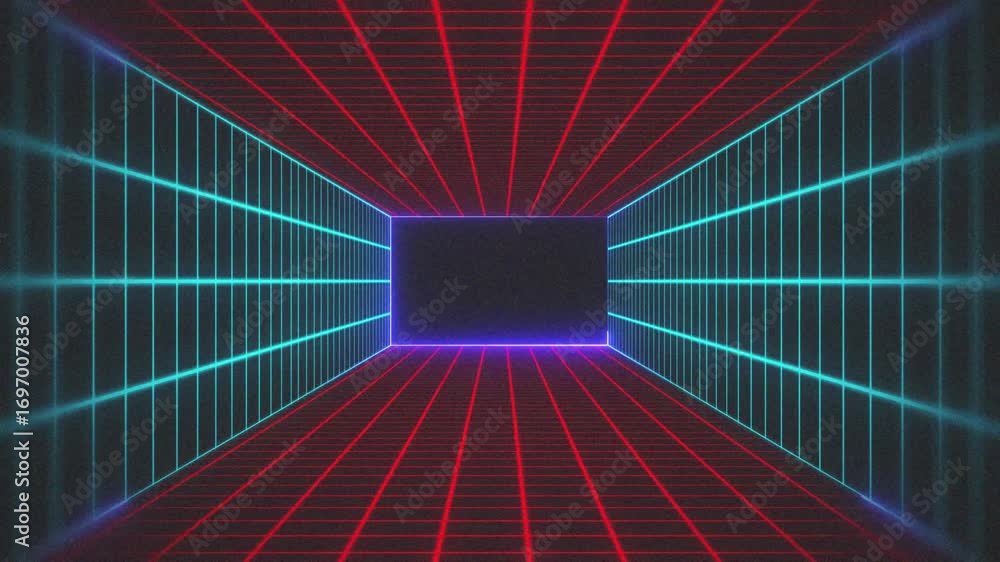 Poster neon red and cyan grid pattern and purple neon lines and frames on a black background, perfect for d