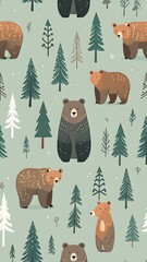A charming, repeating pattern features adorable bears nestled amongst stylized evergreen trees against a soft mint-green backdrop.