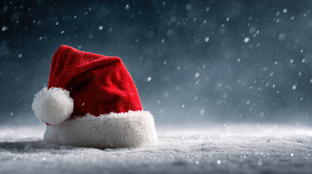 santa claus christmas hat adorned with ar effects of sparkling lights placed against backdrop of glittering snow