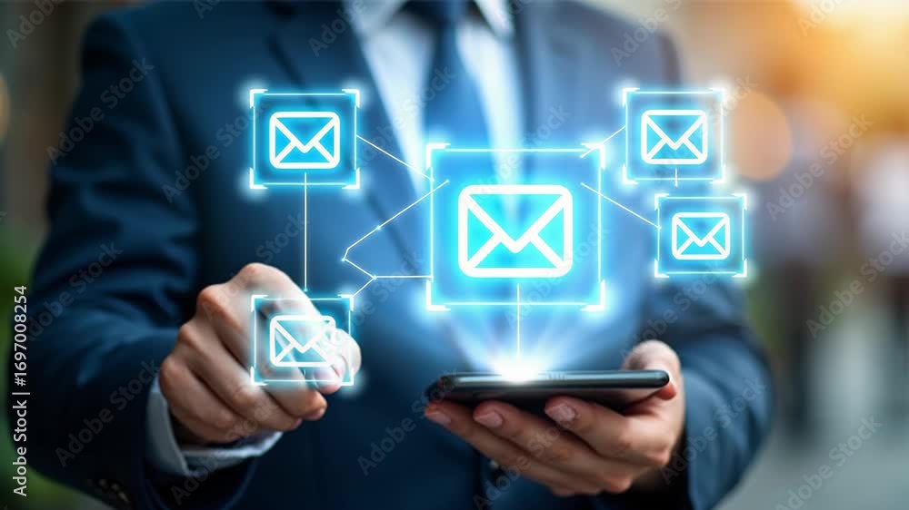 Poster new email notification interaction concept. a person interacting with a floating virtual digital int