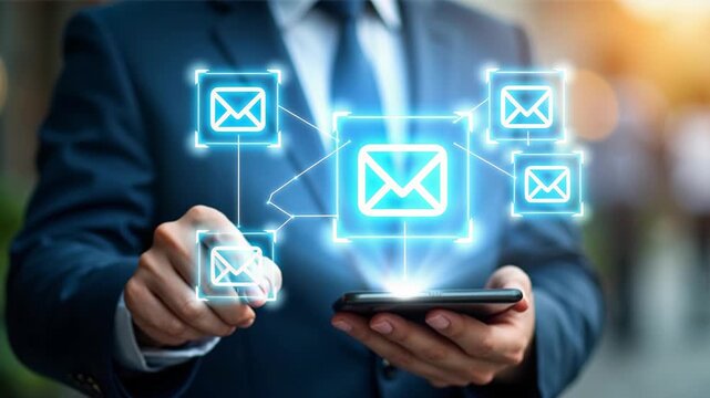 New email notification interaction concept. A person interacting with a floating virtual digital interface showing a new email notification symbol, a concept for online communication. E-mail service.