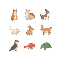 Set of hand drawn cartoon pet icons featuring cat, dog, rabbit, bird, fish, and turtle. Simple and adorable 2D illustration style perfect for stickers, children’s educational materials, mobile apps