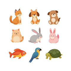 Adorable cartoon icons of pets including cats, dogs, rabbits, fish, parrot, and turtle. Simple flat illustration in kawaii style, perfect for children’s books, stickers, flashcards, mobile apps
