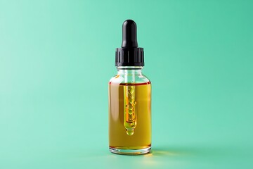 Fototapeta premium Glass Dropper Bottle with Golden Liquid on a Light Green Background